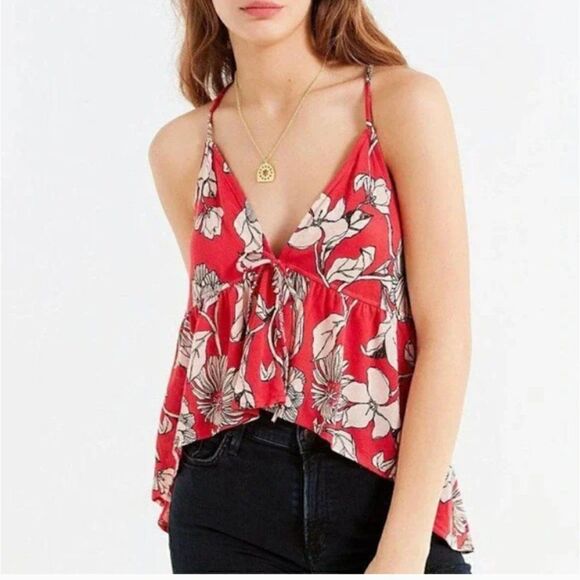 NWT Urban Outfitters Red Floral Print Flowy Tie Front Racerback Tank S - Picture 1 of 8